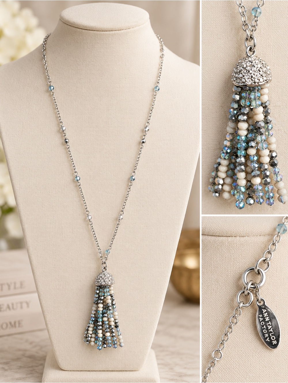 Ann Taylor Factory Silver Tassel Necklace with Blue and Gray Beads
